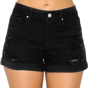 Wax Jean High Waisted Cuffed Distressed Denim Black